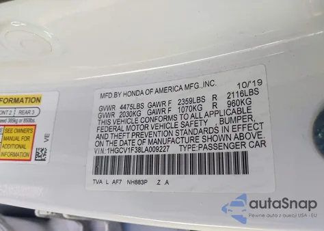 2020 Honda Accord Sport z USA, uszkodzony, nr VIN 1HGCV1F38LA009227